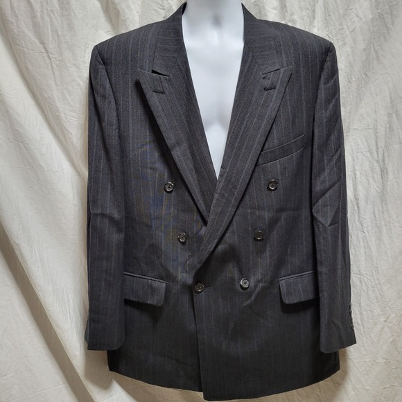 Vintage Burberrys Blazer Mens Black Gray Striped Wool Double Breasted 48